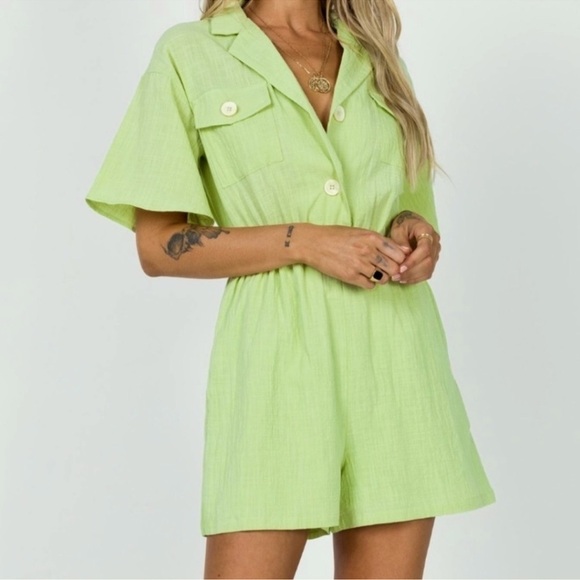 Princess Polly Gauzey Light Lime Green Cotton Shorts Playsuit Romper Size 4 - Picture 1 of 14
